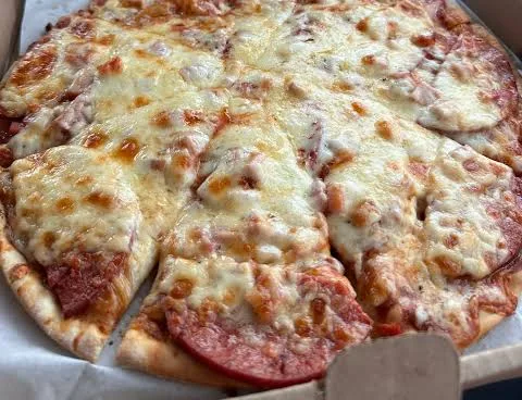 Thin-crust pizza with large round slices of cured meat under a thick layer of browned cheese